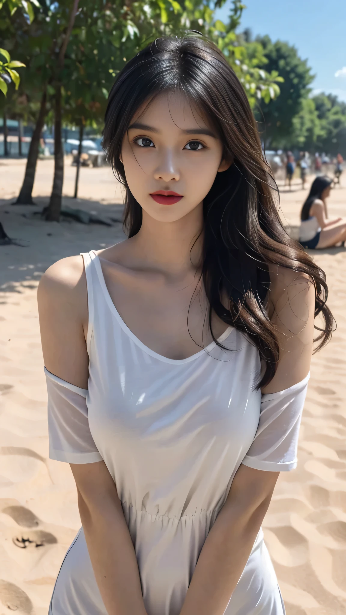 A perfect young female white-collar worker，Chinese，High picture quality，Works of masters，Black hair，Long hair flowing over the shoulders，Beach wave hairstyle，cropped shoulders，clavicle，exquisite face，Hydrated red lips，Real Human，CG rendering，16k，Stand up，Do not show your hands，Close-up shot