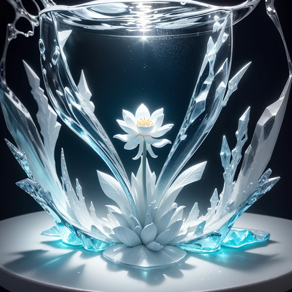 Ice sculpture in flower shape, in the water, bright background, studio lighting,romantic style, glass-like sculptures, frozen movement,high details,expensive style,pop style, high details white and silver tone