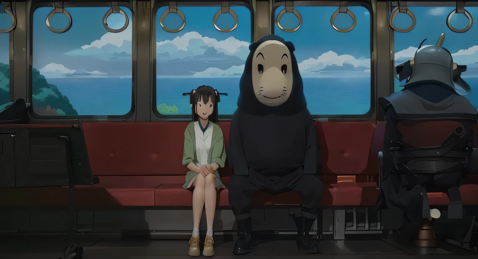 Anime scene with girl and man sitting on train, ghibli Spirited Away vibe, Spirited Away, Stills from Studio Ghibli, official Stills from Studio Ghibli, in the Studio GhibliAnime film, cinematic Stills from Studio Ghibli, Studio GhibliAnime, Studio Ghibli movie scenes, studio ghibli and shinkai makoto, Studio Ghibli, From Studio Ghibli movies, Studio GhibliAnime screenshot