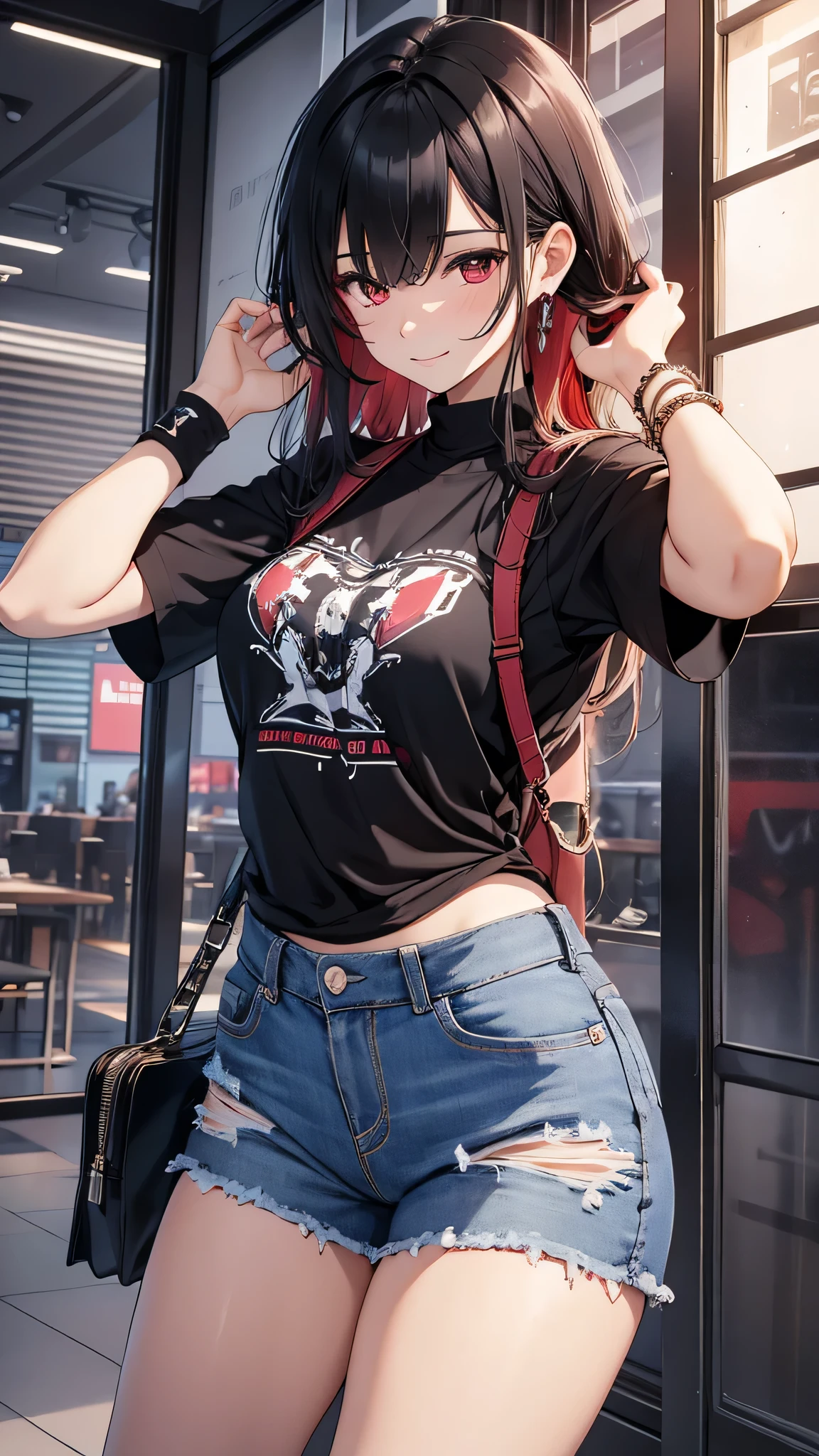 最high quality、Best image quality、masterpiece、girl((18-year-old、 By becoming、Best Bust、Medium Bust,Wide open breast tea、Red glowing eyes,Black Hair、Red Mesh、Disheveled Hair、Lointail、thin,The highest valley、Open chest、Luminous Wristbands、hair ornaments、Show the whole body,Black short sleeve T-shirt、Wear a shoulder bag、Short denim trousers、Leaning forward、smile、Disheveled,Hands on hips、、Stretch your arms out in front of you)),high quality、Beautiful art、background((Large shopping malls))、Flight、Flying debris、Written boundary depth、movie、Visual Arts、Perfect art、8K,Genuine,