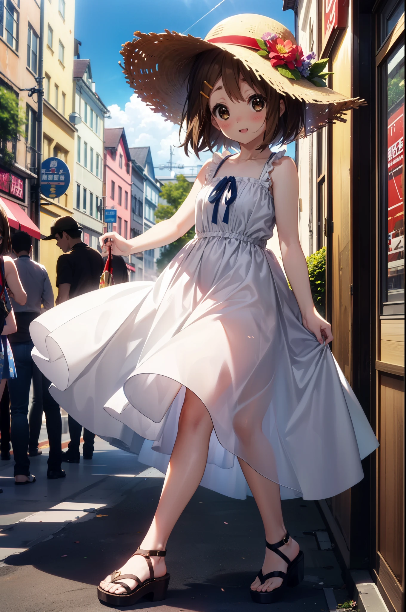 yuihirasawa, Yui Hirasawa, short hair, Brown Hair, hair ornaments, (Brown eyes:1.5), Hair Clip,smile,blush,Straw hat,Open your mouth,Sleeveless dress,Long skirt skirt,Cute heeled sandals,walking,True Summer,Daytime,Clear skies,So that the whole body goes into the illustration,
Destroy outdoors, In town,Building district,crowd, people々々,
壊す looking at viewer, Systemic
break (masterpiece:1.2), highest quality, High resolution, unity 8k wallpaper, (figure:0.8), (Beautiful fine details:1.6), Highly detailed face, Perfect lighting, Highly detailed CG, (Perfect hands, Perfect Anatomy),