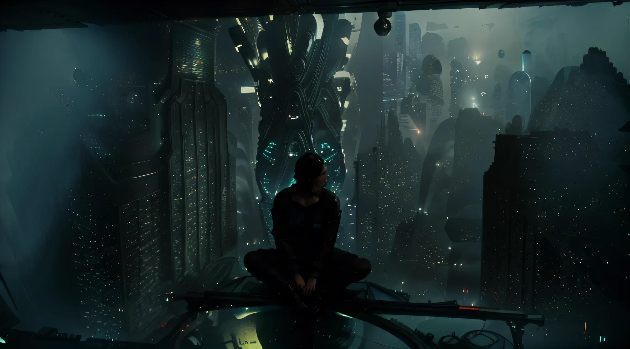 A woman is sitting on the right side of the window of her apartment, olhando para a cidade iluminada abaixo. The light rain creates a gloomy atmosphere as he gazes at the neon fog that envelops the skyscrapers.. He turns his attention to the urban landscape, where advertising holograms dance and shine, reflecting in the puddles of water on the sidewalks. A feeling of loneliness permeates the air, despite the hustle and bustle below. a mulher suspira, perdido em pensamentos, enquanto as luzes da cidade cintilam em seus olhos cansados. Ele sabe que, amid darkness and decay, There is beauty in this futuristic metropolis, a wild and untamed beauty that mesmerizes you even in the darkest moments. Corta para a cidade, vista de cima, the buildings stretching to the horizon, a forest of concrete and steel that stretches as far as the eye can see, while the synthesized soundtrack adds a layer of melancholy to the scene.
