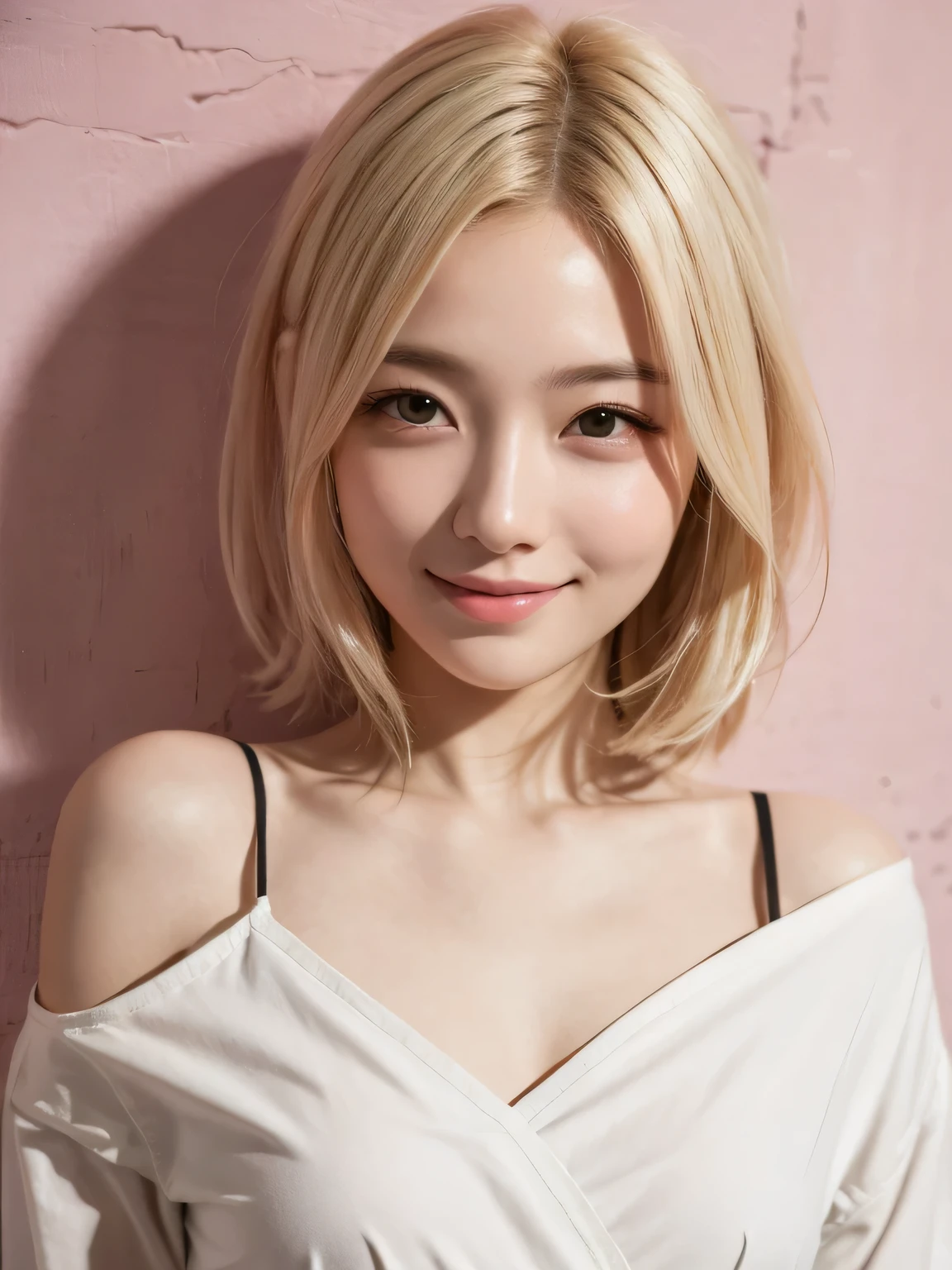 8k, best quality, masterpiece, realistic, ultra detail,  photography, HDR, ROW photo, highres, absurdres, studio light, official art, depth of field,
close-up, slender, cute face, smile, beautiful details eyes, 19years old korean, pretty, Shoulder length bob hair with light blonde color, 
beach, sunset, shirt,