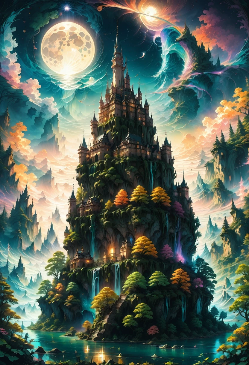 Dream Castle, aesthetic, Masterpiece, a castle with a full moon in the background and a lake in the foreground, beautiful detailed fantasy, magical castle, fantasy highly detailed, beautiful castle, beautiful art uhd 4 k, fantasy castle, 4k highly detailed digital art, magic fantasy highly detailed, detailed fantasy digital art, 4k fantasy art, fantasy fairytale story, ultra detailed fantasy, digital art inspired by Marc Simonetti, Artstation contest winner, fantasy art