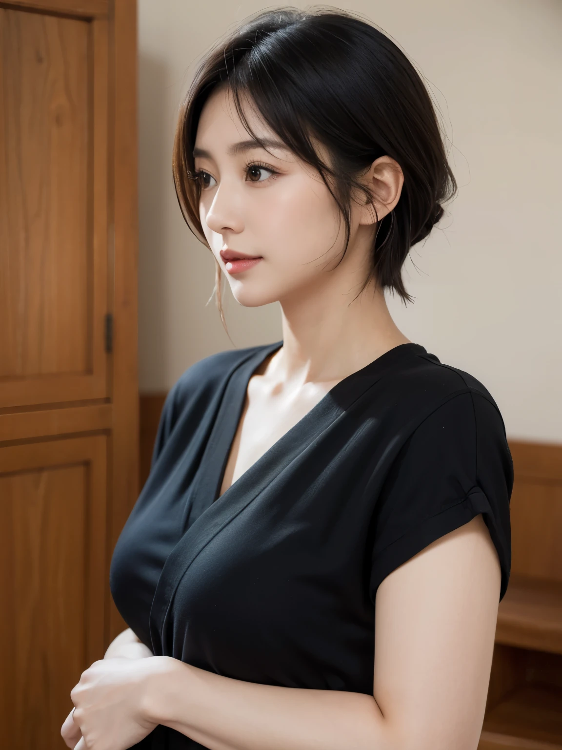 Portrait、8k、high quality、Realistic Photographic Images、39 years old、Japanese women、Neat and clean wife、housewife、Natural and realistic eyes、Japan Person Stand、、Beautiful black hair、short hair、(Straight Hair)、light makeup、Octane Rendering、Beautiful lighting、Golden ratio composition、Laughter、Casual wear、Casual clothing、Natural background、Blurred Background、4K、high resolution、Realistic Photographic Images、Japanese women、Age 37、A purely Japanese personality、Beautiful wife、Upper body、Mid-breasted、light makeup、Sappin'、Pure beauty、Mature Woman、Dress casually、gray、beige、green、Casual clothing、smile、Black-haired、Small black eyes、Background blur