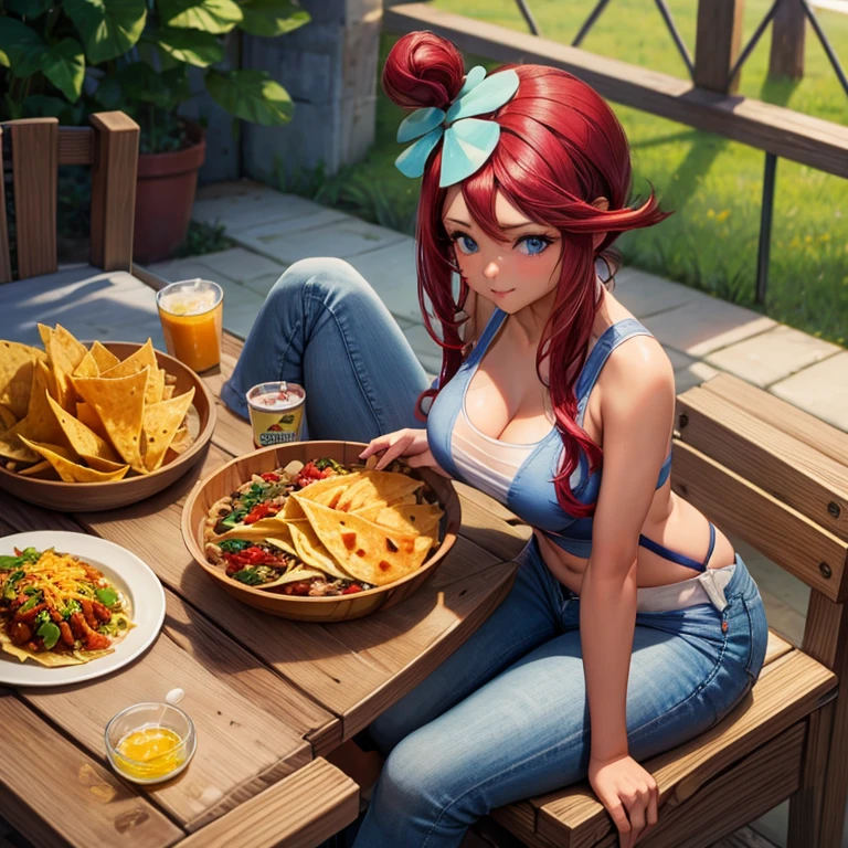 Mexican woman eating tacos, Mexican food stall tortillas and nachos Tight tank top and slim jeans highest quality Tequila and Corona beer on the table String