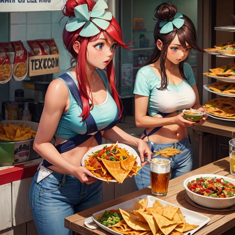 Mexican woman eating tacos, Mexican food stall tortillas and nachos　Tight tank top and slim jeans　highest quality　Tequila and Corona beer on the table　String Panties