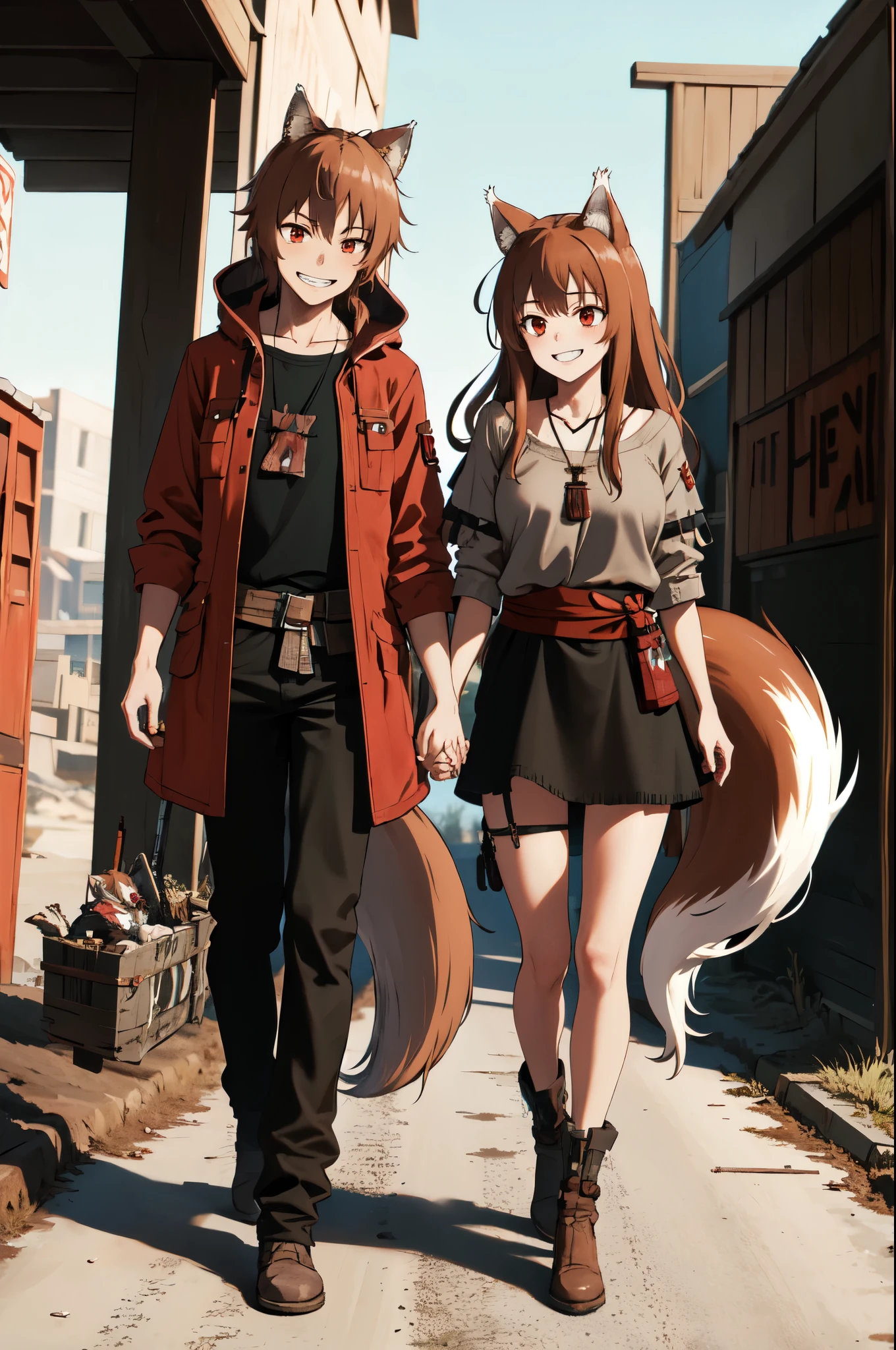 masterpiece, best quality, highres, 1girl, long hair, brown hair, animal ears, red eyes, (wolf tail), (post apocalyptic clothes), necklace, sash, pouch, smile, grin, post apocalyptic landscape, holding in hands, standing