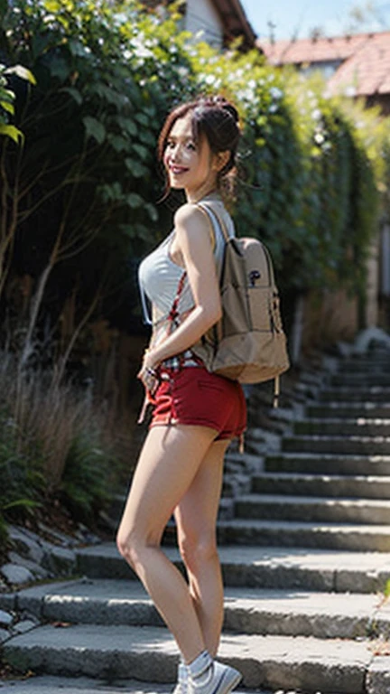 (Highly detailed CG Unity 8k wallpaper, of the highest quality, Ultra-detailed, High resolution, masutepiece, Realistic, Photorealistic:1.5), (cute Japanese girls), extra detailed face, Face Focus, Beautiful detailed eyes, Eye focus, (Detailed background), detailed clothes, super detailed skin, (wearing adorable pink lingerie:1.6), (Wearing a backpack:1.6), (mont:1.5), Midi wavy hair, Brown hair, Floating hair, medium breasts, medium ass, (make up), (Adorable smile:1.3),