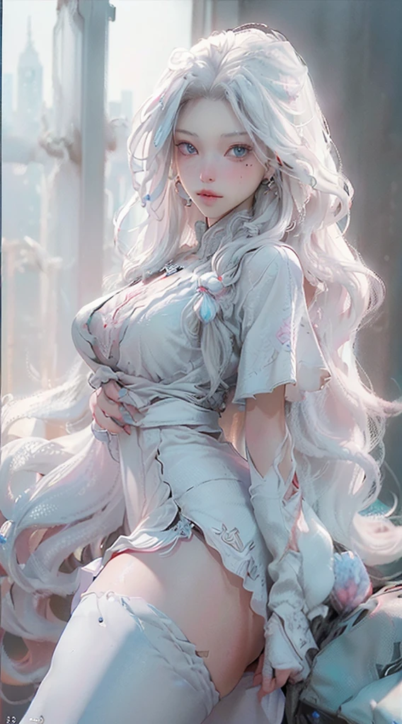 (Best Quality), ((Masterpiece), (Detail: 1.4), 3D, A Beautiful Cyberpunk Woman, HDR (High Dynamic Range), Ray Tracing, NVIDIA RTX, Super-Resolution, Unreal 5, Subsurface Scattering, PBR Textures, Post-Processing, Anisotropic Filtering, Depth of Field, Maximum Sharpness and Clarity, Multi-layer Textures, Albedo and Highlight Maps, Surface Shading, Accurate simulation of light-material interactions, perfect proportions, Octane Render, two-color light, large aperture, low ISO, white balance, rule of thirds, 8K RAW, realistic, (dignified fluff, perfect proportions, bright eyes, light makeup, big black eyes, pink and moist lips), white hair, big black eyes, cold storage, sharp eyes, flowers, (masterpiece, realistic, high resolution), ((1 girl): 1.2), ((white wavy long hair): 1.3), (business suit, office documents, sitting at desk, playing with mobile phone), ((big breasts): 1.5, thin waist: 1.2, strangled thighs: 1.3, fair and moist skin)
