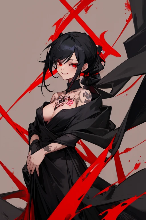 ((highest quality)), ((masterpiece)), (be familiar with),{{{nsfw}}},One female,Black Hair,Red eyes,Black Dress,Chest tattoo, Bewitching Smile,Heel,Black Hair,Hair tied around the neck,Black shawl