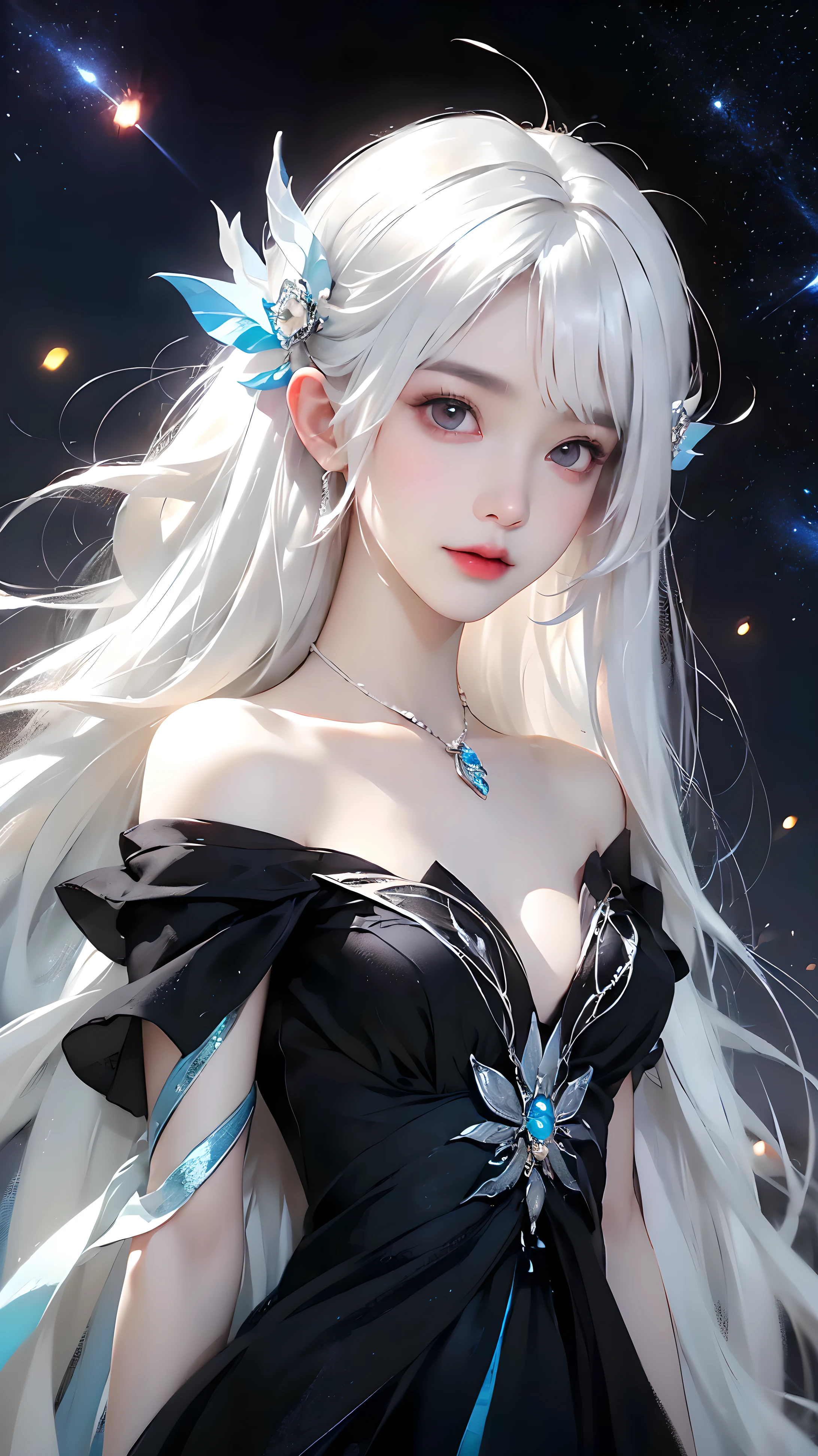 (((From this knee up)), Night view, Stella, (((masterpiece:1.5, detailed:1.4)), top view, Backlight, A fantastic atmosphere envelopes this ancient city as this sun sets。At this center of this magical moment is a woman、(White hair girl:1.5)and、Her beautiful hair、(Backlight)A shimmering white waterfall flows down from below.。Exudes mysterious charm、Suspended particles bloom in this surrounding air、Her beauty、(Beautiful white and shining skin:1.3)Exudes a mysterious glow。this((A dress as black as this night sky))It is beautiful and decorated、The off-shoulder design makes the overall look more feminine.