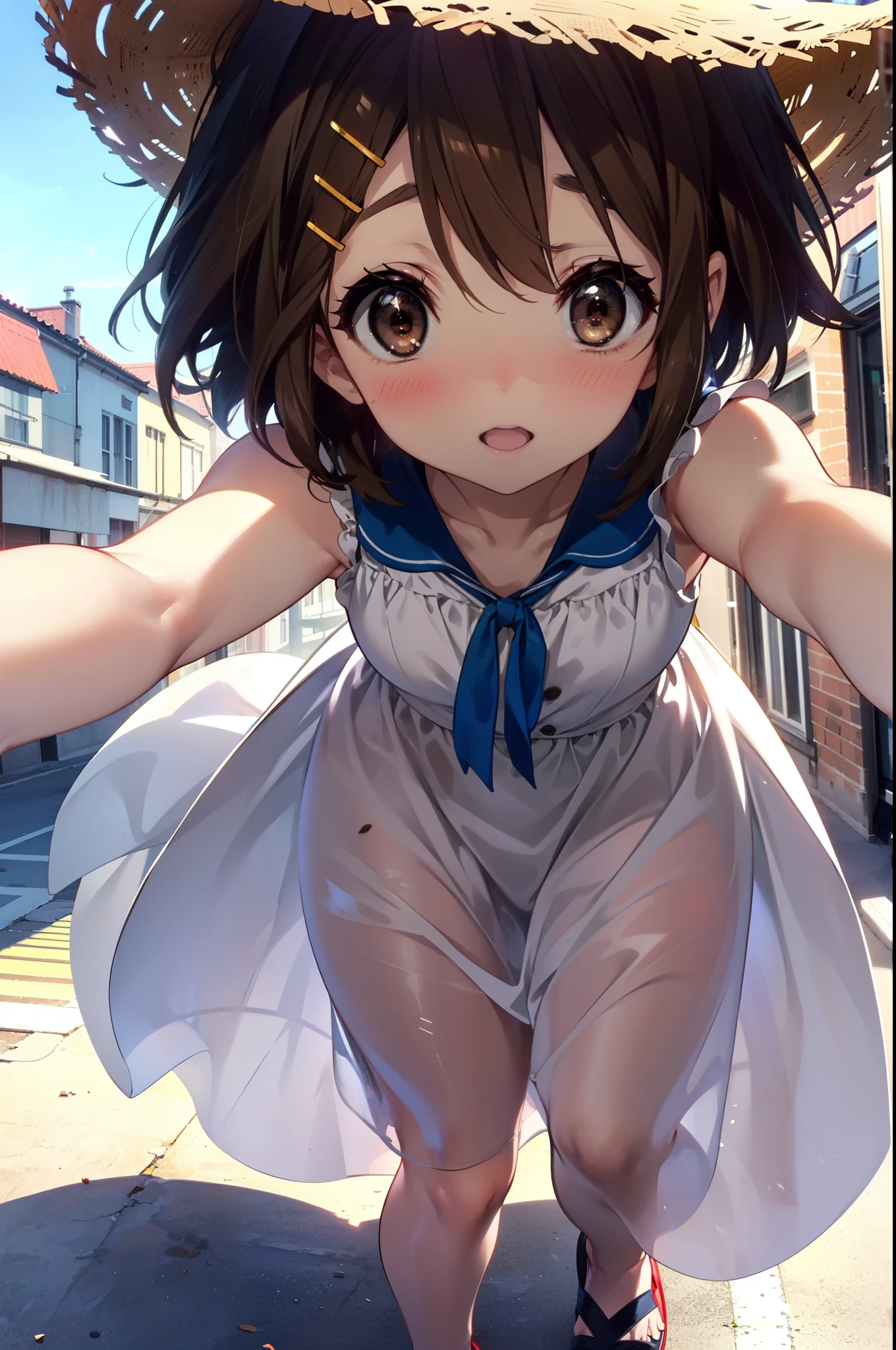 yuihirasawa, Yui Hirasawa, short hair, Brown Hair, hair ornaments, (Brown eyes:1.5), Hair Clip,smile,blush,Straw hat,Open your mouth,Sleeveless dress,Long skirt skirt,Cute heeled sandals,walking,True Summer,Daytime,Clear skies,So that the whole body goes into the illustration,
Destroy outdoors, In town,Building district,crowd, people々々,
壊す looking at viewer, Systemic
break (masterpiece:1.2), highest quality, High resolution, unity 8k wallpaper, (figure:0.8), (Beautiful fine details:1.6), Highly detailed face, Perfect lighting, Highly detailed CG, (Perfect hands, Perfect Anatomy),