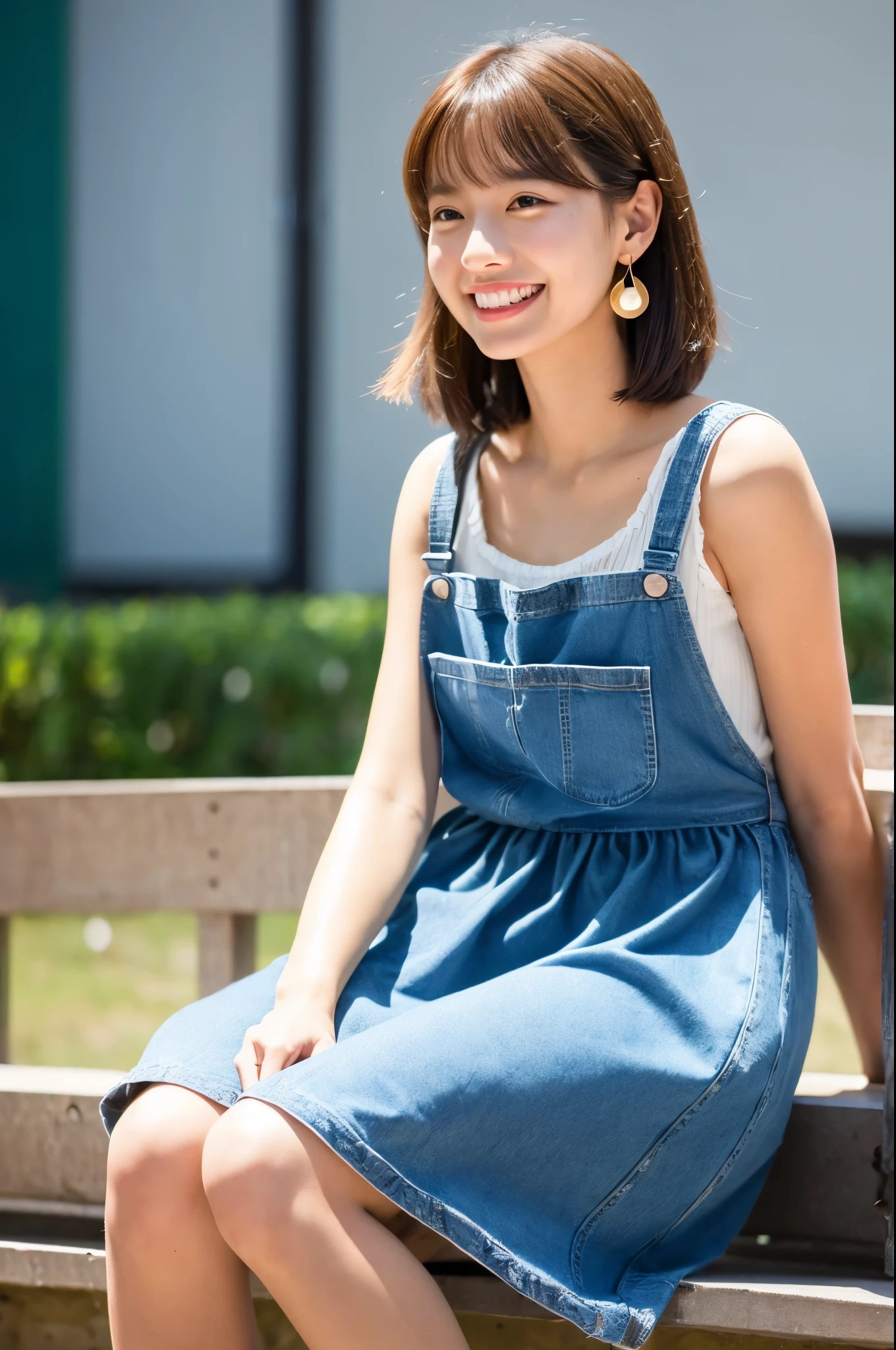 masterpiece , highest quality , Very detailed , 32k , Cute Woman , 1 girl , 19 years old,blouse , bangs , smile , White teeth , Symmetrical eyes,Brown Hair,Bobcut,Sitting backwards,With a bag in hand、University Campus、stage、BREAK Flowy organic cotton maxi dress,recycled polyester denim vest,vegan leather ankle boots,eco-friendly raffia tote bag,sustainable wooden earrings