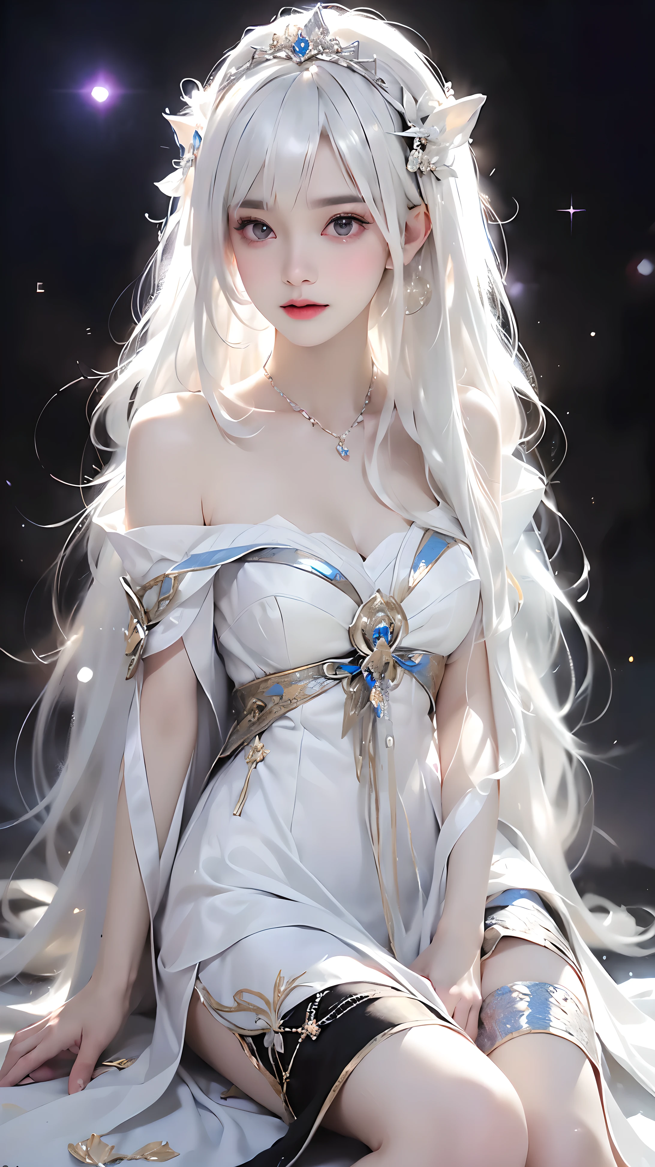 (((From this knee up)), Night view, Stella, (((masterpiece:1.5, detailed:1.4)), top view, Backlight, A fantastic atmosphere envelopes this ancient city as this sun sets。At this center of this magical moment is a woman、(White hair girl:1.5)and、Her beautiful hair、(Backlight)A shimmering white waterfall flows down from below.。Exudes mysterious charm、Suspended particles bloom in this surrounding air、Her beauty、(Beautiful white and shining skin:1.3)Exudes a mysterious glow。this((A dress as black as this night sky))It is beautiful and decorated、The off-shoulder design makes the overall look more feminine.
