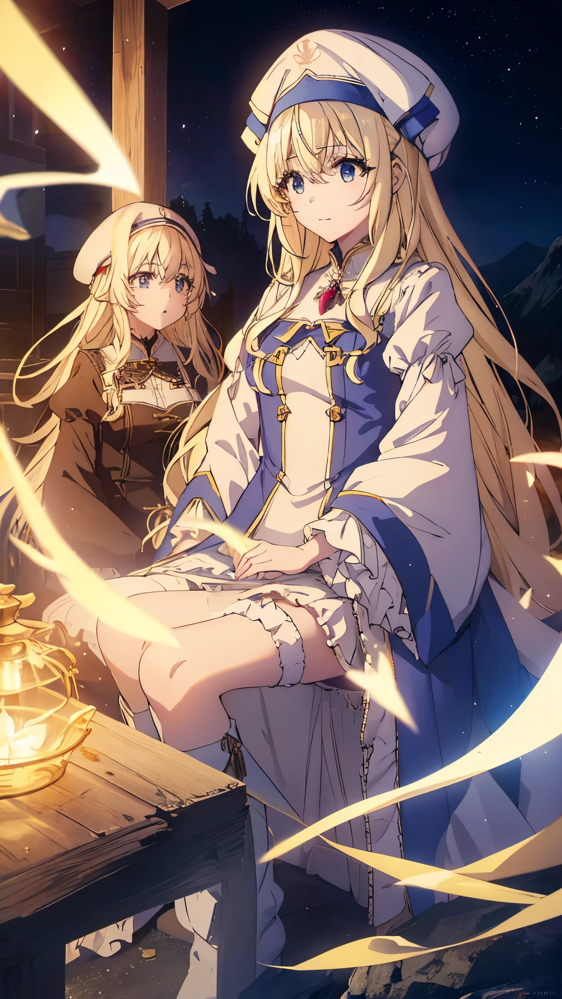 highest quality、Best image quality、In 8K,4K,masterpiece、Very detailed、beautiful、super high quality、Nice,Game CG,beautiful***,Five Fingers,(Upper Body:1.3),Shrine maiden, Blonde, blue eyes, Long Hair, Hair between the eyes,Grab the magic wand,smile,Knee-high boots, dress, Frills袖, Frills, have, White Hat, Pelvic Curtain, High heels, Robe, Thigh-high boots, White thighs, Long sleeve, Puffy sleeves,Hair blowing in the wind、Starry Sky,Mysterious Space,(Sitting on a big rock),I clasped my hands,Light powder