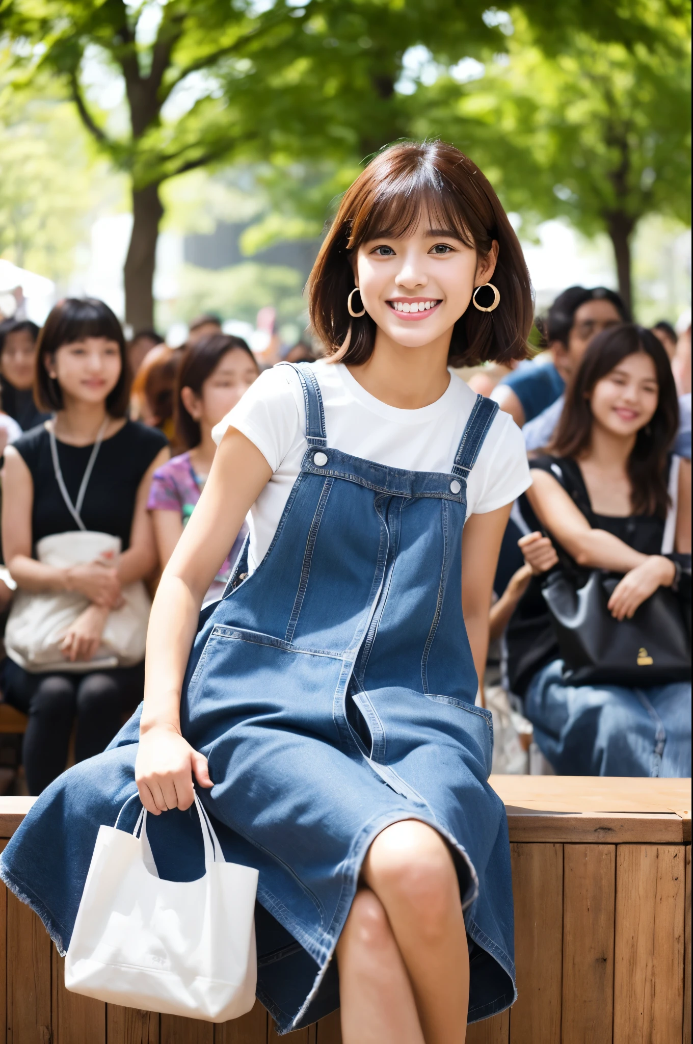 masterpiece , highest quality , Very detailed , 32k , Cute Woman , 1 girl , 19 years old,blouse , bangs , smile , White teeth , Symmetrical eyes,Brown Hair,Bobcut,Sitting backwards,With a bag in hand、University Campus、stage、BREAK Flowy organic cotton maxi dress,recycled polyester denim vest,vegan leather ankle boots,eco-friendly raffia tote bag,sustainable wooden earrings