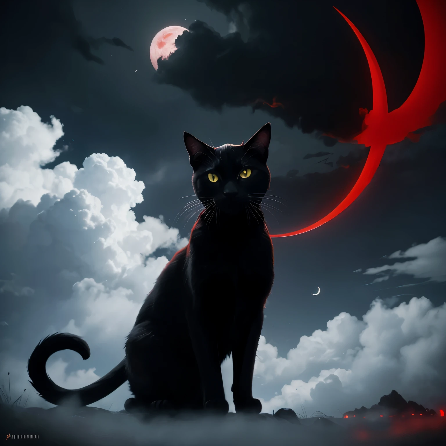 Painted, Black cat with glowing white eyes, dark sky with red crescent moon, red fog, clouds, black gates to hell