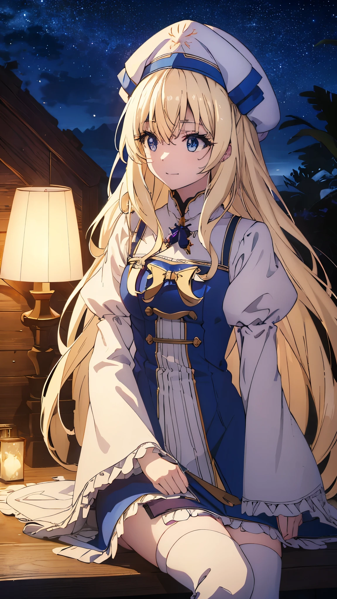 highest quality、Best image quality、In 8K,4K,masterpiece、Very detailed、beautiful、super high quality、Nice,Game CG,beautiful***,Five Fingers,(Upper Body:1.3),Shrine maiden, Blonde, blue eyes, Long Hair, Hair between the eyes,Grab the magic wand,smile,Knee-high boots, dress, Frills袖, Frills, have, White Hat, Pelvic Curtain, High heels, Robe, Thigh-high boots, White thighs, Long sleeve, Puffy sleeves,Hair blowing in the wind、Starry Sky,Mysterious Space,(Sitting on a big rock),I clasped my hands,Light powder