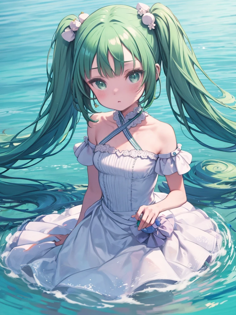 One girl, alone, hair ornaments, Green Hair, Twin tails, Long Hair, dress, water