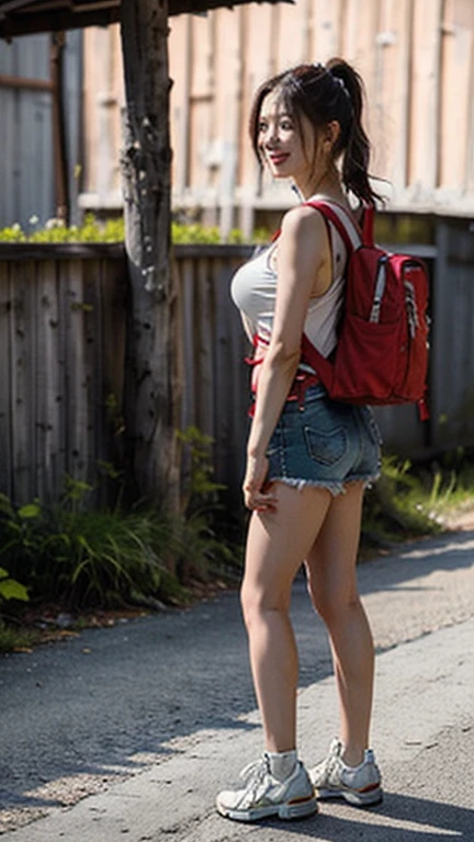 (High resolution 8K),( highest quality), Very detailed, (masterpiece), Realistic, Very detailedなかわいい女の子,( Age 25),((Nature landscape photography;Mountaineering)), (From the whole body に the にes:1.2),(Front shot:1.2),(Trail stand facing forward),(Natural pose),(Hair tying pose),(Big Breasts),(Big Ass),(Smiling at the camera),( Smiling while looking at the camera ),(Full Body Shot:1.2) ,((From the front 1.2)),(ponytail),(phoにRealistic:1.3),((White tank top)),((Red shorts)),((Wear a harness over your shorts)),Mountaineeringに最大限に活用できるハーネス),((Big Red Backpack))