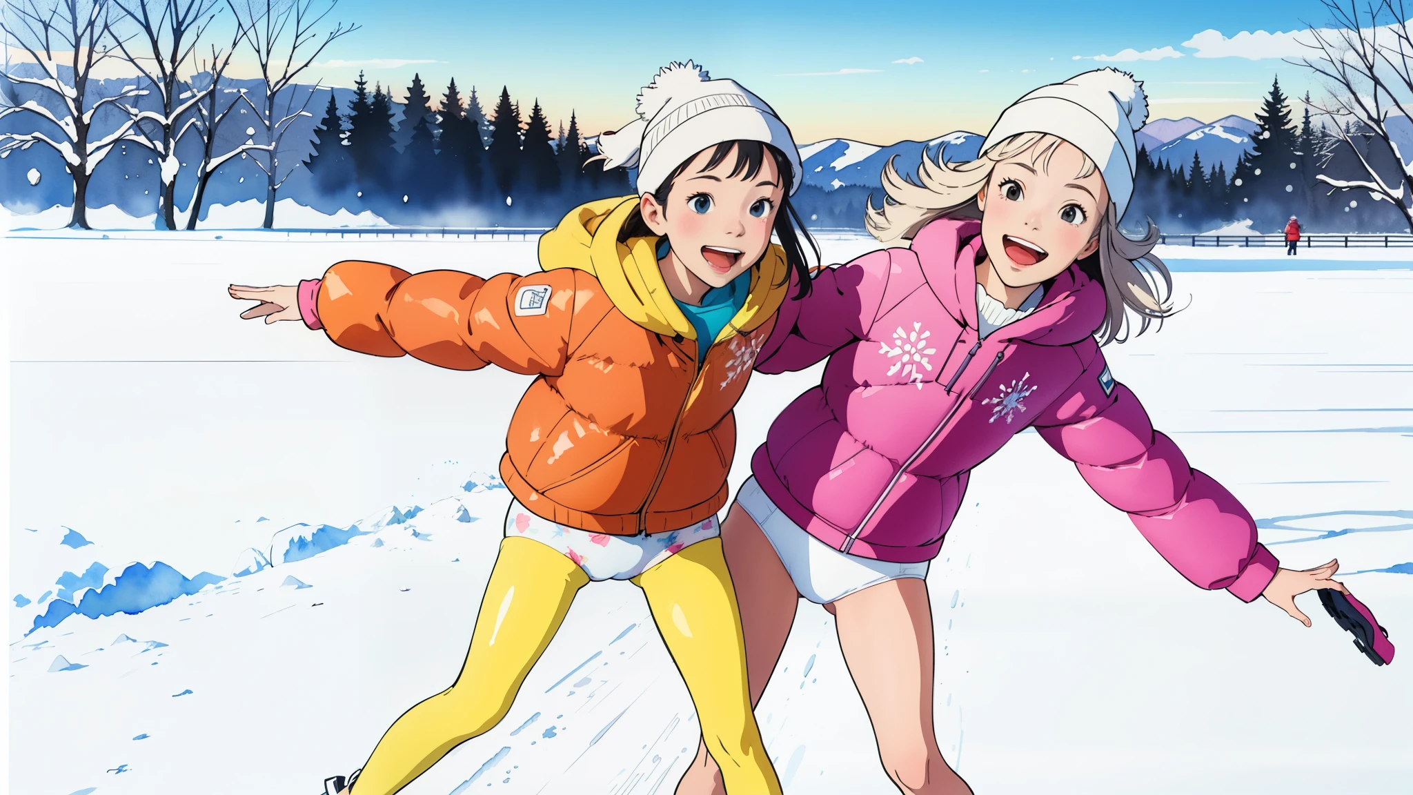 (superflat, flat shading, flat colors), (closeup), mother and daughter, down jacket, (white printed panties for kids), no skirt, long hair, ice skating, smile, laugh, fun, play, winter, snow, bright, wide angle, vibrant colors, watercolor, ghibli style
