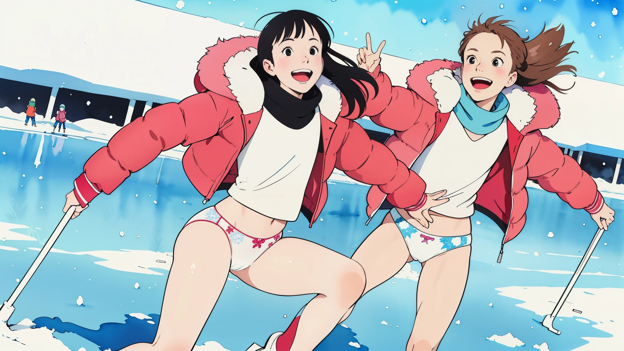 (superflat, flat shading, flat colors), (closeup), mother and daughter, down jacket, (white printed panties for kids), no skirt, long hair, ice skating, smile, laugh, fun, play, winter, snow, bright, wide angle, vibrant colors, watercolor, ghibli style
