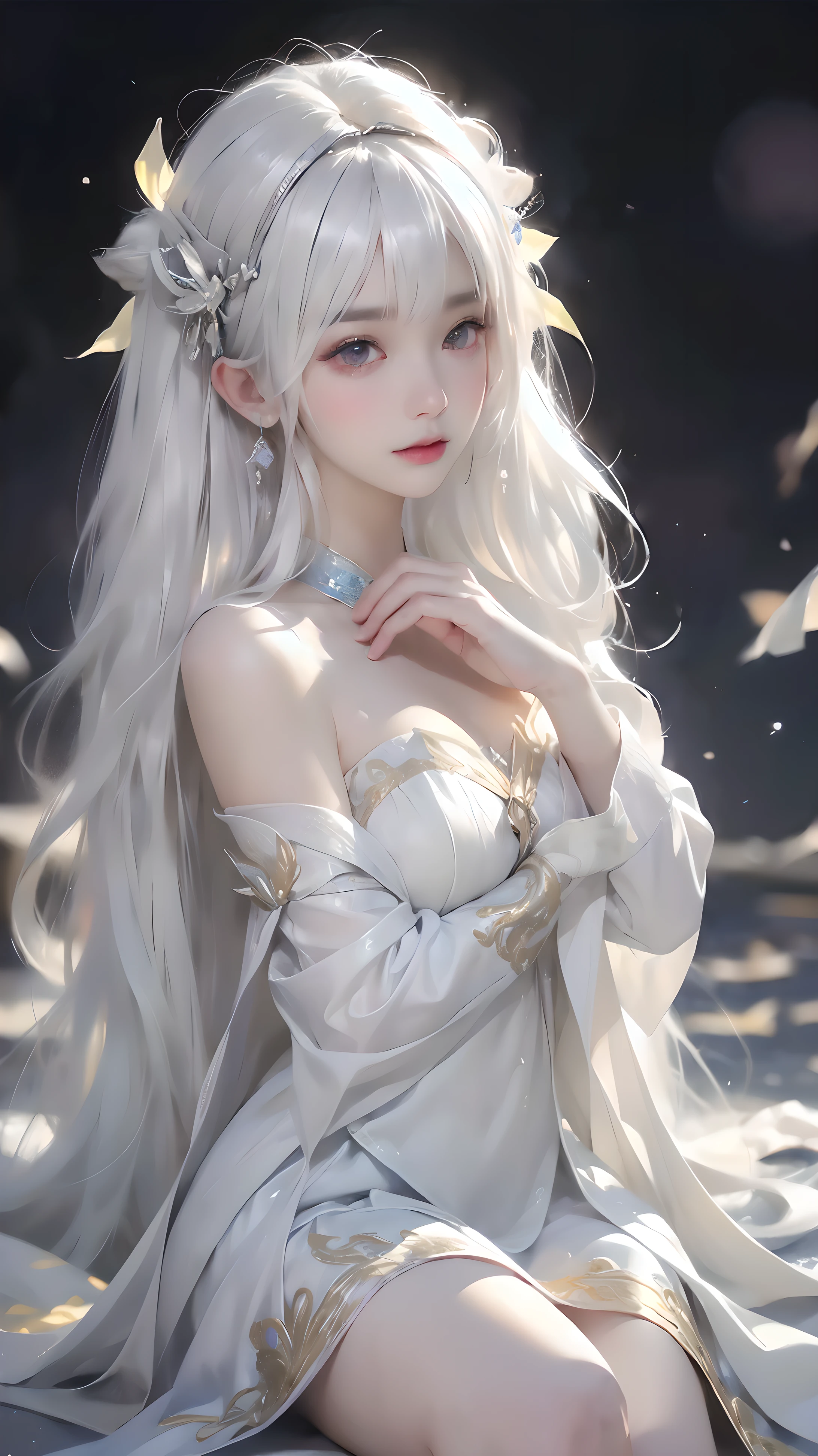 (((From this knee up)), Night view, Stella, (((masterpiece:1.5, detailed:1.4)), top view, Backlight, A fantastic atmosphere envelopes this ancient city as this sun sets。At this center of this magical moment is a woman、(White hair girl:1.5)and、Her beautiful hair、(Backlight)A shimmering white waterfall flows down from below.。Exudes mysterious charm、Suspended particles bloom in this surrounding air、Her beauty、（Beautiful white and shining skin:1.3）Exudes a mysterious glow。this((A dress as black as this night sky))It is beautiful and decorated、The off-shoulder design makes the overall look more feminine.
