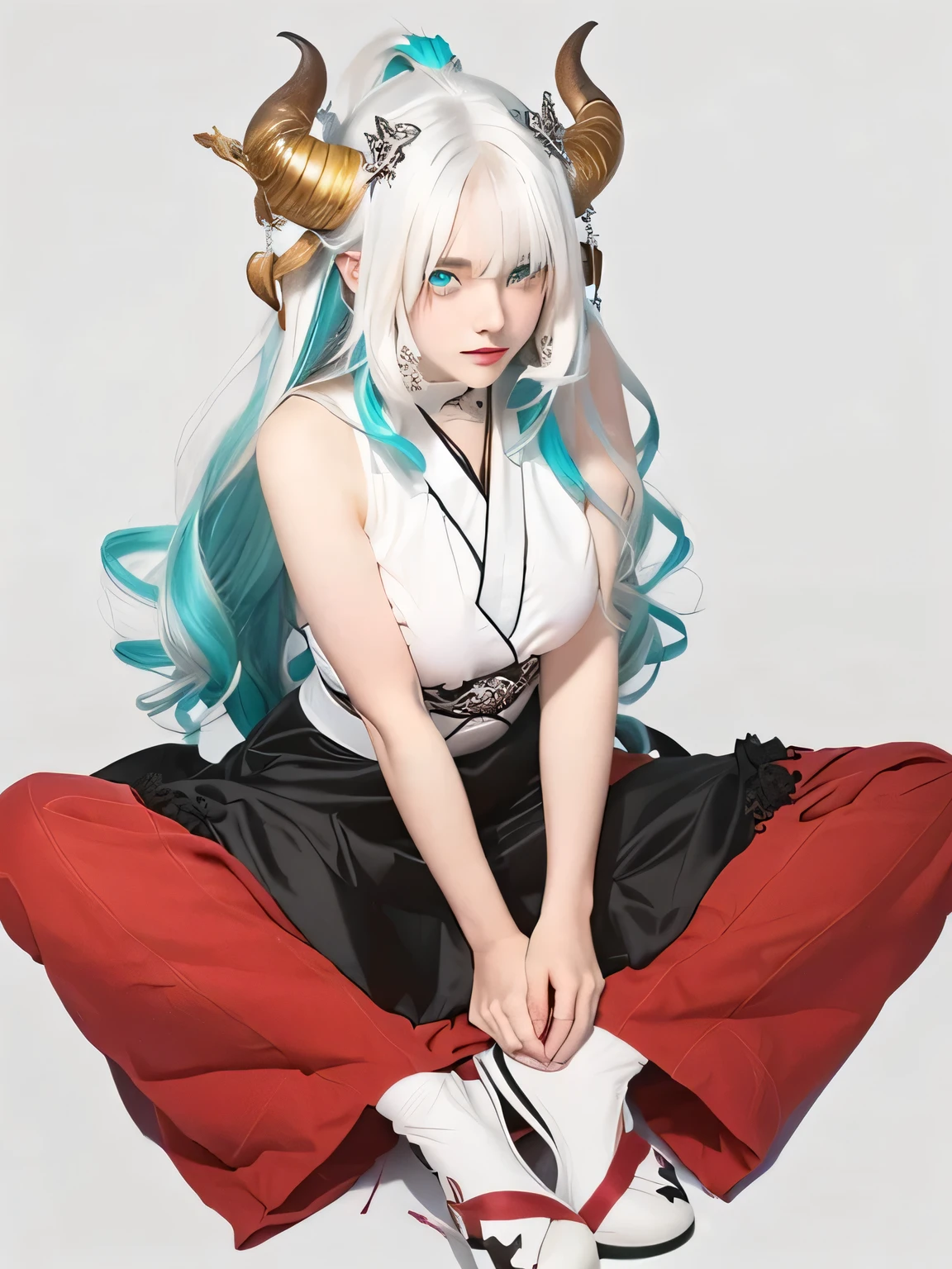 Beautiful girl with horns and horns sitting on the ground, white haired deity, girl with white hair, girl with teal hair, girl with long hair, perfect white haired girl, white haired lady