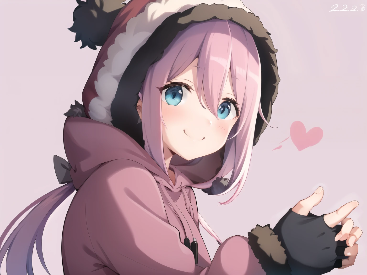 upper body, nade,  in a pink hoodie looking cold 1girl, solo, s, blue eyes, long hair, low twintails, hair between eyes, looking at viewer, , smile, blush, simple background,  , Faux Fur Winter Bonnets Thick Earflap,   black Fingerless Gloves ,well drawn  hands 