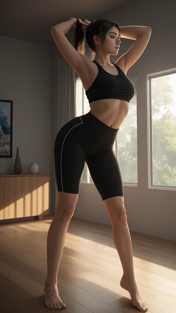 Teenage girl with ponytail hair, wearing yoga clothes, skinny white yoga pose, leaning forward, yoga studio, hot, gorgeous, full body , perfect light perfect composition Beauty Award winning masterpiece Artstation 8 k Artgerm Mucha Dim Volumetric lighting Octane 18 k Beautiful detail rendering. post processing, portrait, exaggerated detail, complex, grand composition, cinematic lighting, masterpiece, trending art station, high detail, masterpiece, beautiful, 18k , HDR, smooth, sharp focus, high resolution.