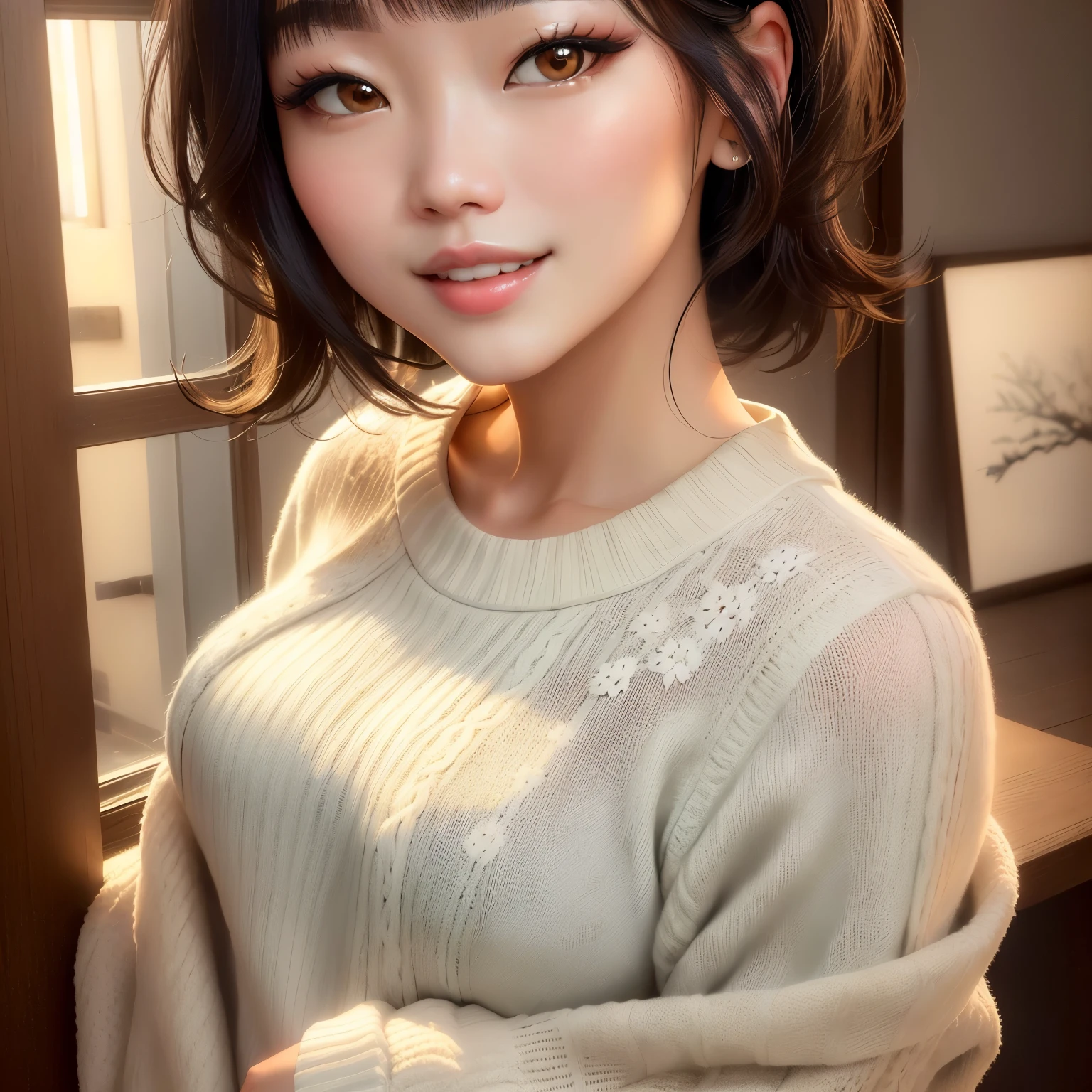 A closeup of a woman in a sweater posing for a photo, beautiful chinese model, beautiful asian girl, garota cara fofa, lindo sorriso sedutor, Japanese model, com cabelo curto,  coreana, Yoshitomo Nara, garota jovem e fofa, linda jovem coreana, linda mulher sul-coreana