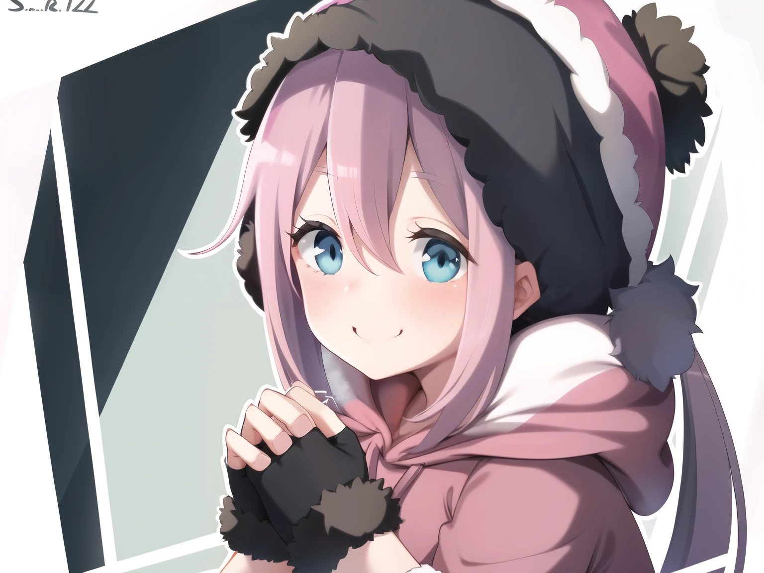 upper body, nade,  in a pink hoodie looking cold 1girl, solo, s, blue eyes, long hair, low twintails, hair between eyes, looking at viewer, , smile, blush, simple background,  , Faux Fur Winter Bonnets Thick Earflap,   black Fingerless Gloves ,well drawn  hands  ,rubbing hands together