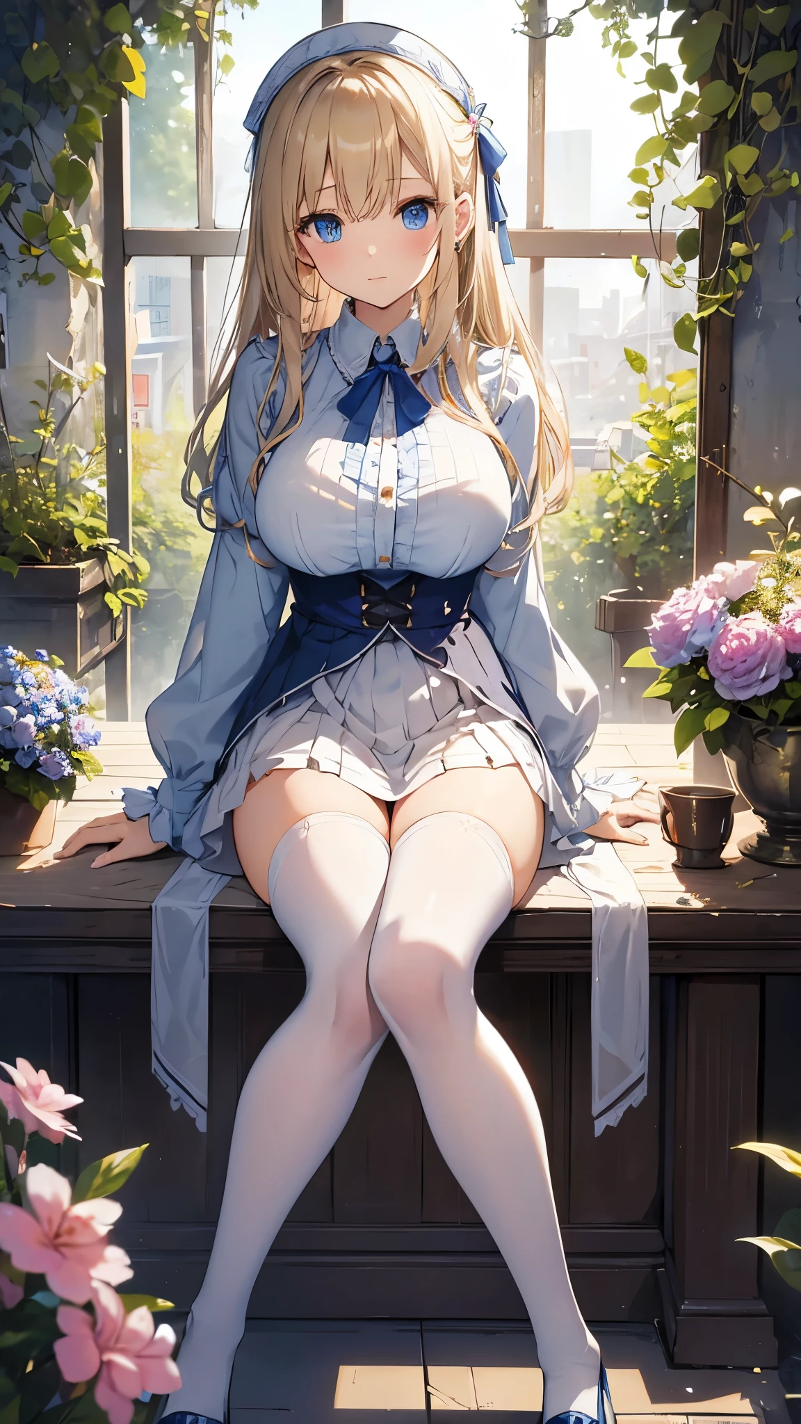 masterpiece, top-quality, 1girl in,Fluffy skirt、Raw feet、atlibrary、big breast beauty、I'm showing my pants、bra very、alice in the wonderland、a blond、a blue dress