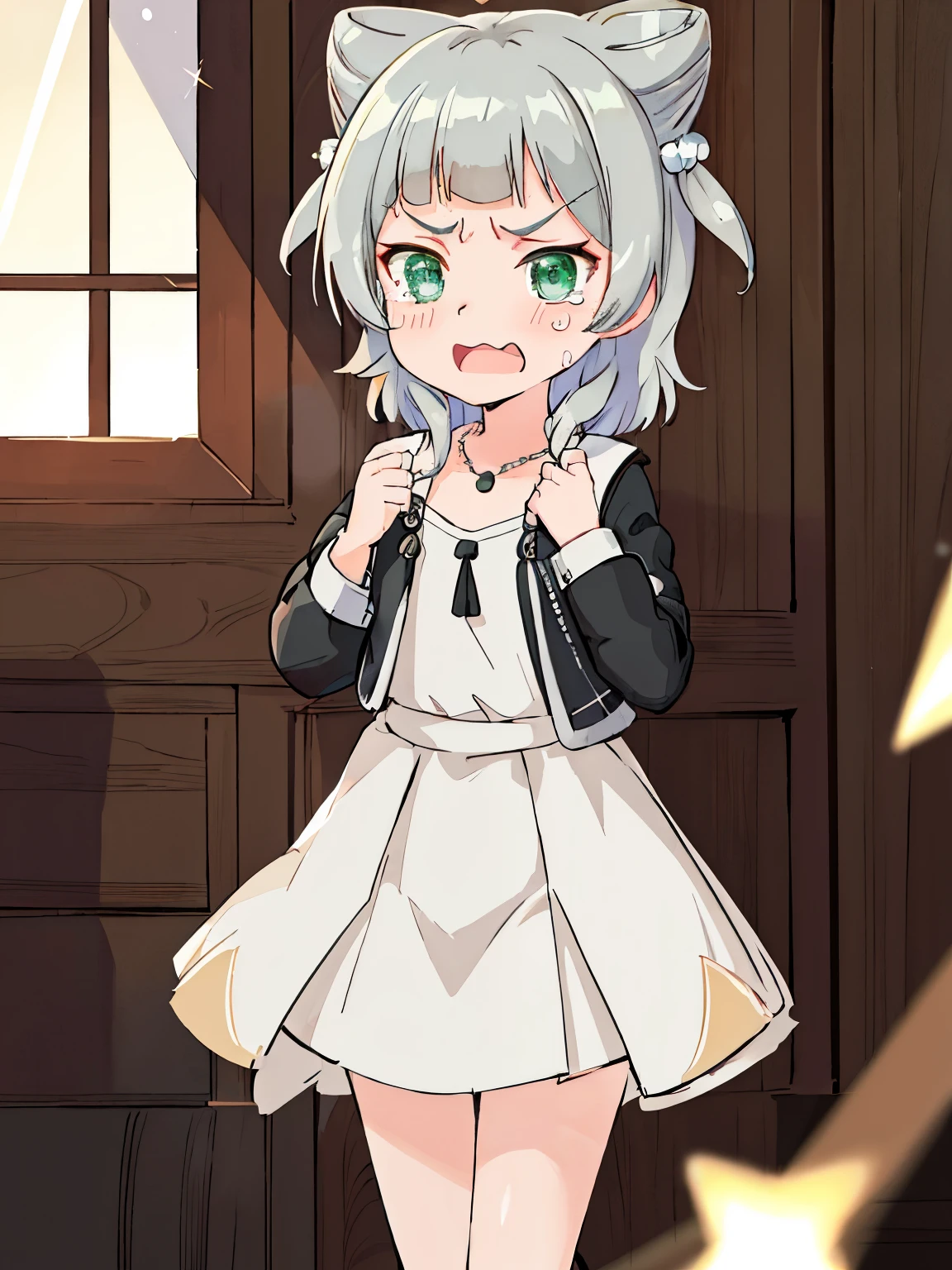 highest quality,Very detailed,indoor, ((Black jacket)),((Black dress)), White Necklace,clavicle,Are crying, alone, Green Eyes, Grey Hair, hair ornaments, bangs, Virtual YouTuber, Shine, blunt bangs, Double good, Animal ears, Lens flare, Flat Chest,evening,Angry,Japanese-style room,Open your mouth