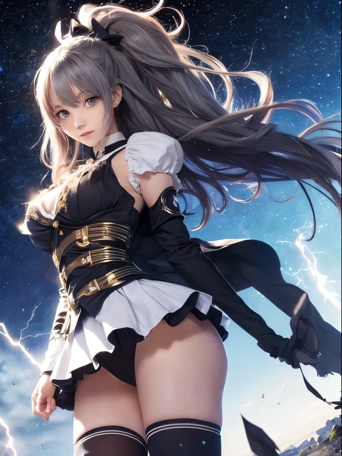 ((masterpiece)), (((highest quality))), ((Very detailed)), ((figure)), ((Disheveled Hair)), Beautiful fine details, (One girl:1.2), (alone), Dynamic Angle, Black Magician Girl, (Black knee-high socks:1.1), (Starry sky tornado:1.4), nebula, ((Frills)), Beautifully detailed skies, Beautiful fine details, Wicked Smile, Expressionless, Hair between the eyes, Gray Hair, Pleated skirt, ((Disheveled Hair)),,NFSW
