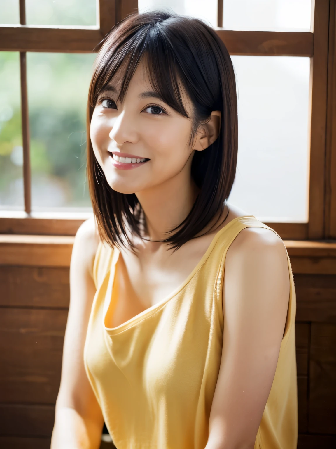 Portrait、8k、high quality、Realistic Photographic Images、39 years old、Japanese women、Neat and clean wife、housewife、Natural and realistic eyes、Japan Person Stand、、Beautiful black hair、short hair、(Straight Hair)、light makeup、Octane Rendering、Beautiful lighting、Golden ratio composition、Laughter、Casual wear、Casual clothing、Natural background、Blurred Background、4K、high resolution、Realistic Photographic Images、Japanese women、Age 37、A purely Japanese personality、Beautiful wife、Upper body、Mid-breasted、light makeup、Sappin&#39;、Pure beauty、Mature Woman、Dress casually、gray、beige、green、Casual clothing、smile、Black-haired、Small black eyes、Background blur