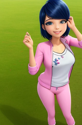 (8k, foto cruda, mejor calidad, Obra maestra:1.2), (detalles intrincados), ojos perfectos, cara perfecta, Perfect lighting, hermoso, (Obra maestra:1.2), (mejor calidad:1.2), 1 chica, solo, marinette, pelo azul, pelo largo suelto, adult torso, , leve sonrisa, medium sized breasts, camisa blanca sin mangas, pink tracksuit pants
