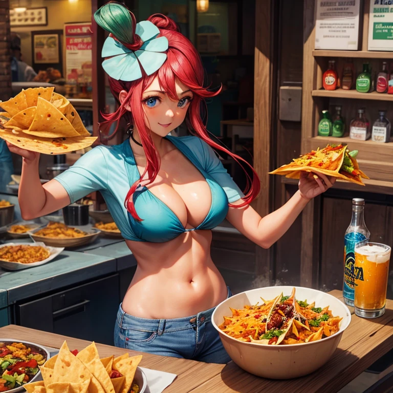 Mexican woman eating tacos, Mexican food stall tortillas and nachos Bikini and slim jeans highest quality Tequila and Corona beer on the table String Panties I can see your pants