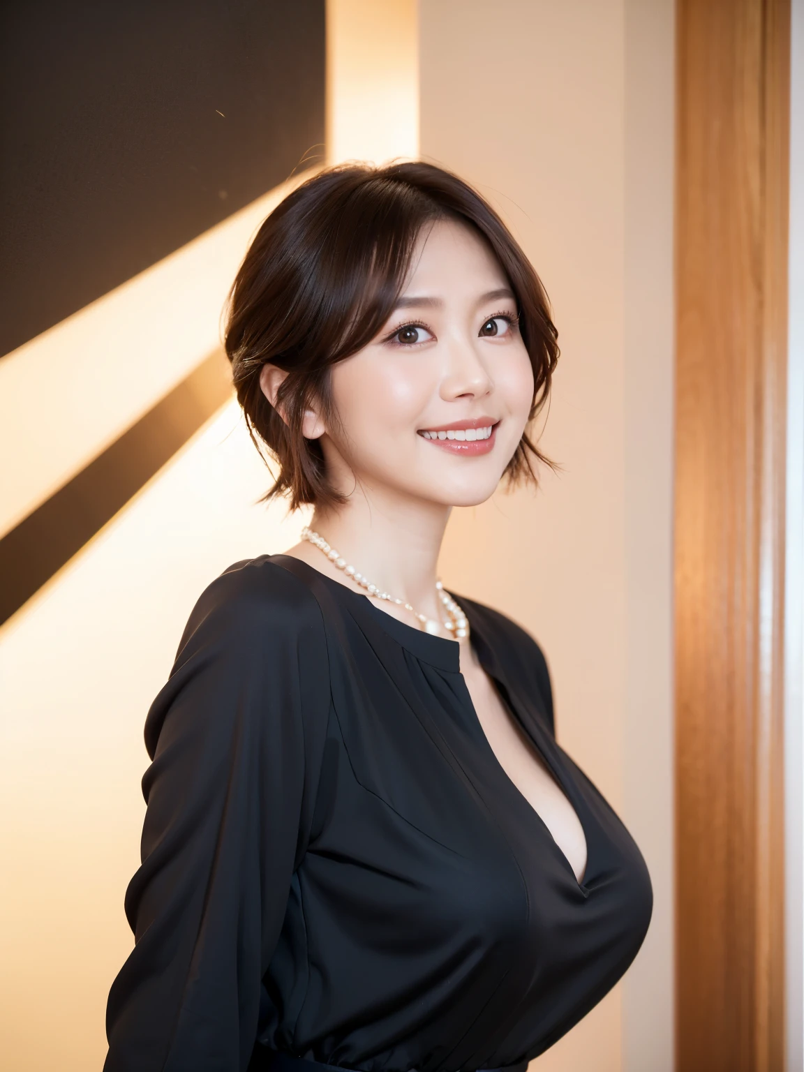 (highest quality, 8k, 32k, masterpiece, Ultra-high resolution:1.2),Beautiful Japanese Women Photos, standard body type、(D cup breasts:1.4), Very short bob hair,Upper Body,Face Focus,(black formal blouse:1.4)、(Black ruffled blouse:1.6),(Pearl Necklace:1.4), (Midnightの工場事務室:1.6), The viewer is looking at her from the side, Observe the audience、(smile:1.3)、(教会の薄Dark Room:1.6)、(Only candlelight:1.5)、Dark Room、Midnight