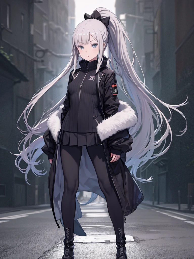An anime girl with long hair and a black jacket is standing on the street、Original photo, highest quality, Full body photo), (Realistic, Photographic fidelity: 1.3), (Very delicate and beautiful: 1.1) 1 woman chiseled physique and Wide Hips, leggings, Pleated skirt, Sports Top, High Ponytail, High Boots, Long fur jacket, On a hazy moonlit night in a ghost town, Monochrome style, Line art, Detailed face, Detailed eyes, Detailed lips, Wide Hips、