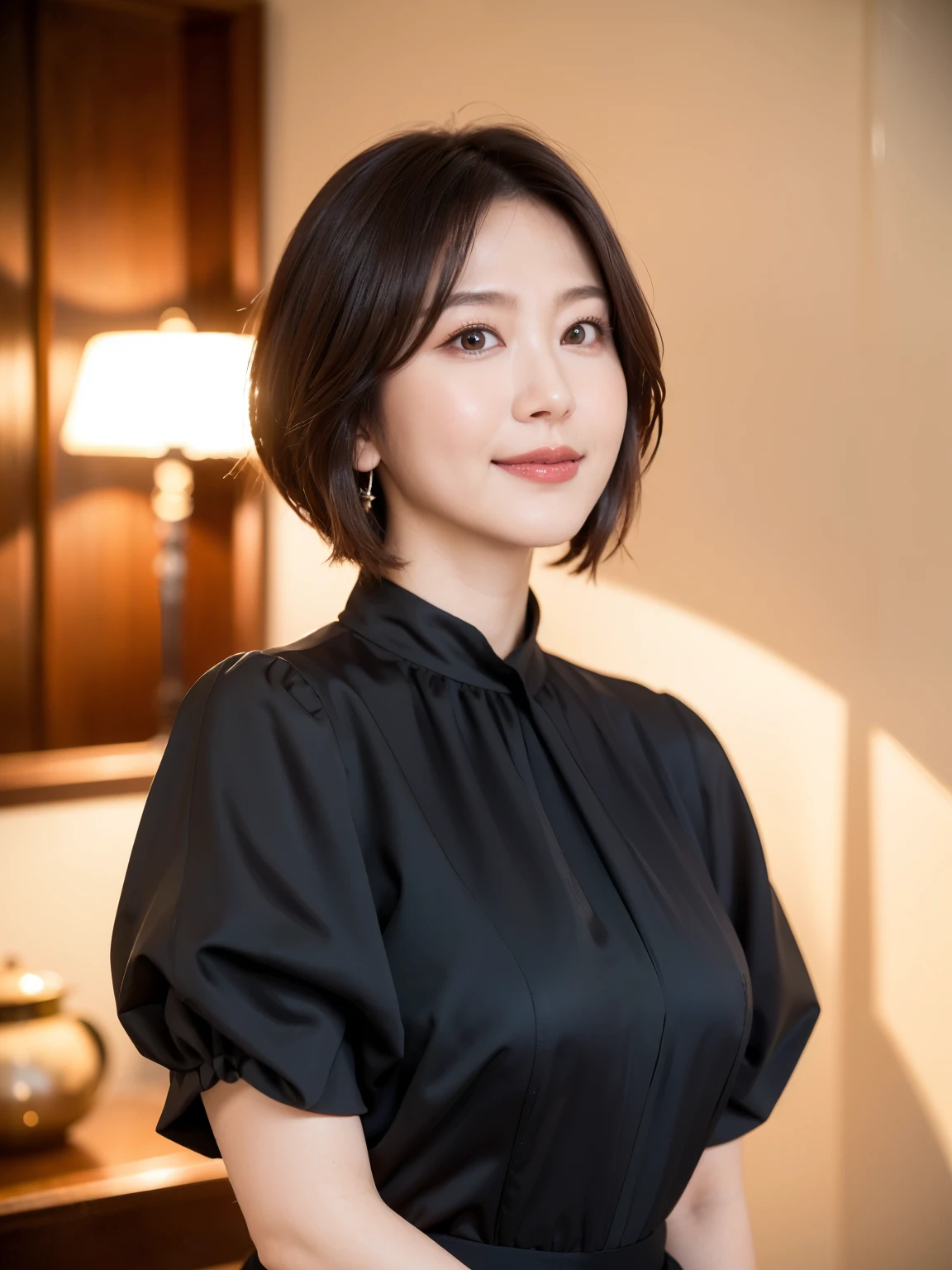 (highest quality, 8k, 32k, masterpiece, Ultra-high resolution:1.2),Beautiful Japanese Women Photos, standard body type、(D cup breasts:1.4), Very short bob hair,Upper Body,Face Focus,(black formal blouse:1.4)、(Black ruffled blouse:1.6),(Pearl Necklace:1.4), (Midnightの工場事務室:1.6), The viewer is looking at her from the side, Observe the audience、(smile:1.3)、(教会の薄Dark Room:1.6)、(Only candlelight:1.5)、Dark Room、Midnight