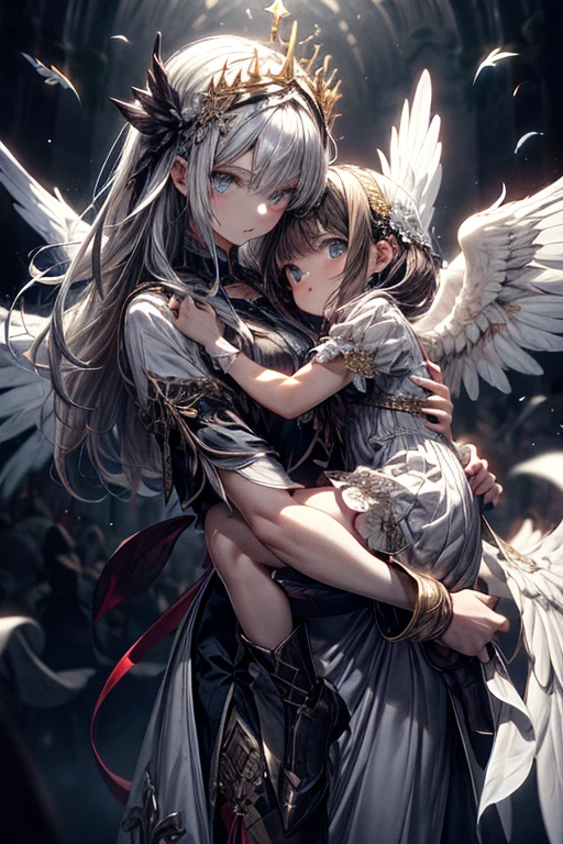 (obra-prima, qualidade absurda, melhor qualidade, arte oficial, beautiful and aesthetic:1.2), (1  pequena:1.4), extremamente detalhada, (arte fractal:1.3), colorida, mais detalhada, cor viva, de cima, 
anjo, albino, babyface, hugging the skull, 
luz escura, vestido fofo de babados brancos, botas curtas brancas de renda, asas de anjo fofas, cabelo longo branco puro, belos olhos vermelhos detalhados, brilhando para o espectador, muitas caveiras, 32k