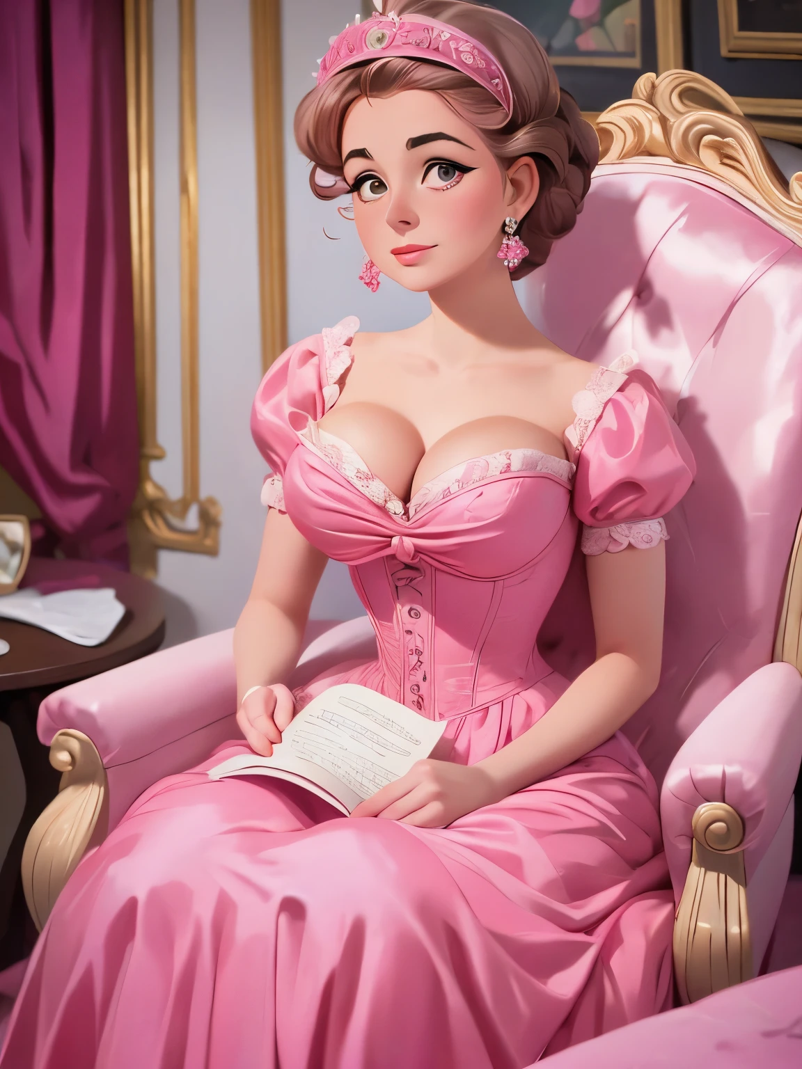 a close up of a woman in a pink dress sitting on a chair, a colorized photo by Barbara Longhi, flickr, baroque, elizabeth taylor, dressed in a pink dress, maria callas, wearing a pink ballroom gown, ornately dressed, 1960s, 1 9 6 0 s, in a red victorian era dress, gorgeous female audrey hepburn