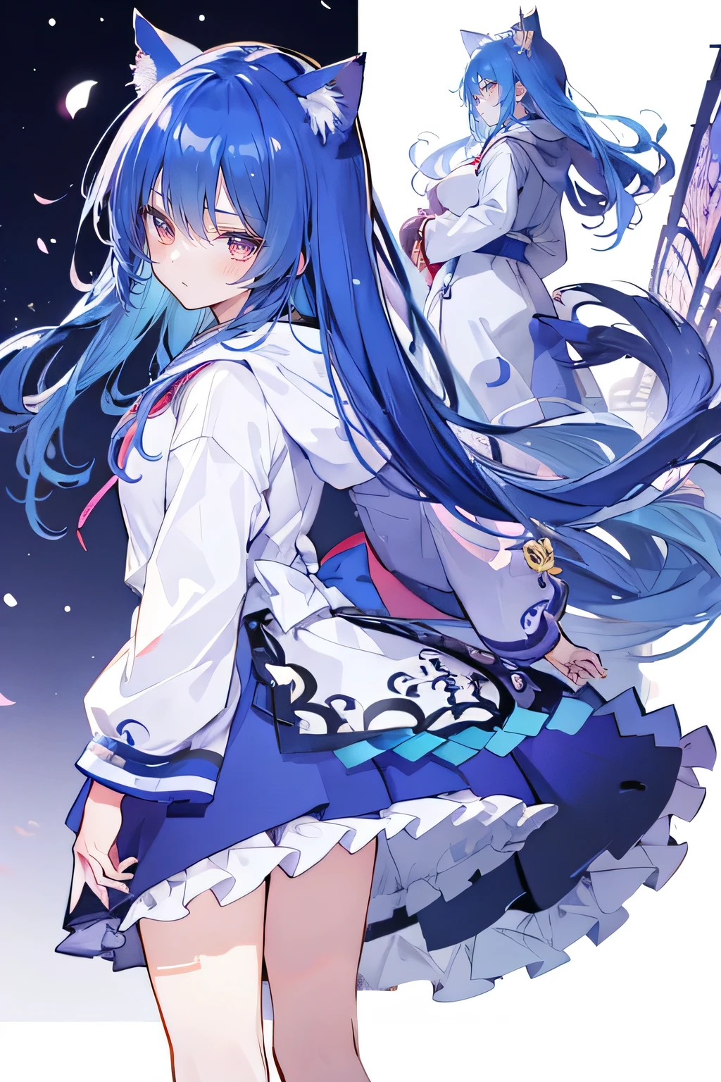 (masterpiece:1.2),Super detailed,lifelike,Expressive eyes,fair skin,perfect face shape,1 girl,
Japanese comics,Gorgeous blue hair,flowing blue hair,flowing clothes,Cat ears,Petals fall,beautiful lola,Baby Angel,
Shaking head with one hand,Cross your legs,Gentle and peaceful background,The pavilion is cool and comfortable,smile, wearing hoodie, background of tokyo,back views,snowing, winter.