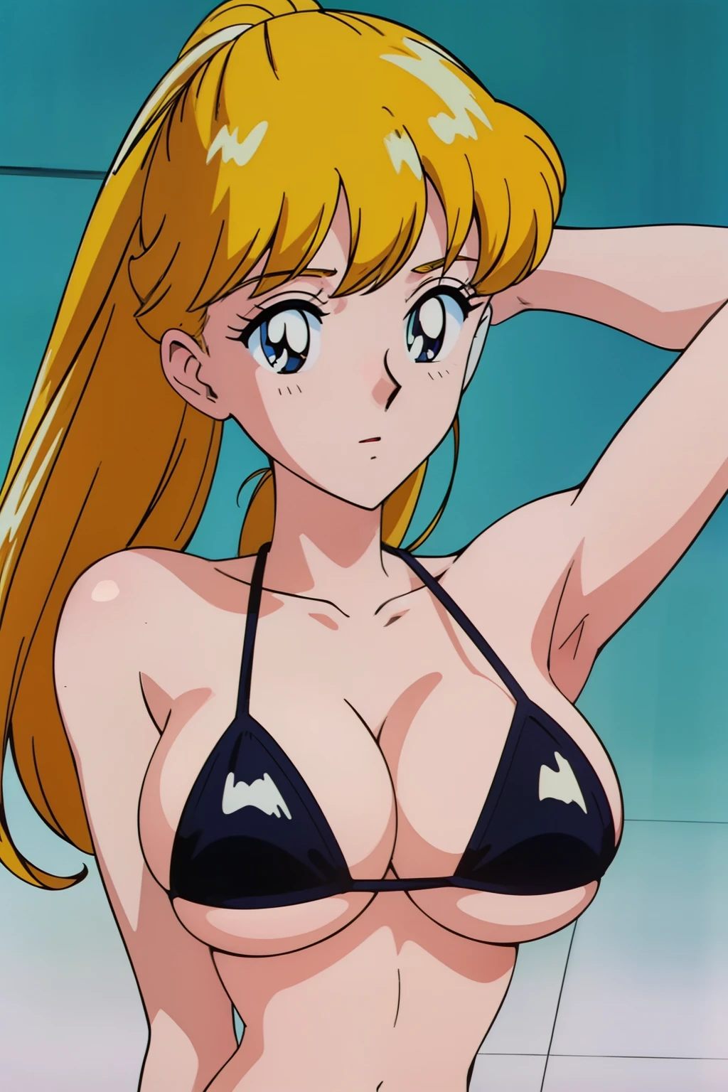 (anime cels style, Masterpiece, best quality, high resolution, anime colored, megami magazine:1.2, anime poster style, anime keyvisual, sharp, 8k, photorealistic), (beautiful eyes:1.5), reiko_aiwaifu, 1woman, , blond hair, long hair, (sagging huge breaicro bikini, cleavage, ody:1.5), standing, (perfect detailed anatomy, perfect arms, perfect fingers, beautiful face, perfect body, shiny skin), simple background,