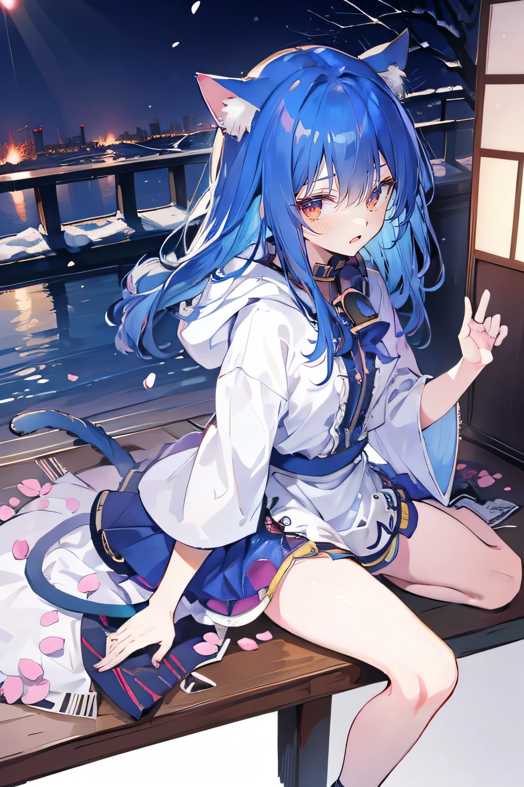 （masterpiece：1.2），Super detailed，lifelike，Expressive eyes，fair skin，perfect face shape，1 girl，
Japanese comics,Gorgeous blue hair,flowing blue hair,flowing clothes,Cat ears,Petals fall,beautiful lola,Baby Angel,
Shaking head with one hand，Cross your legs，Gentle and peaceful background，The pavilion is cool and comfortable,smile, wearing hoodie, background of tokyo,back views,snowing, winter.