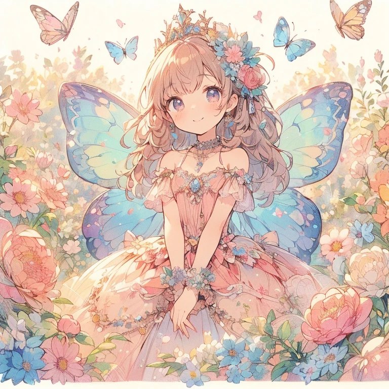 (Exquisite, beautiful, Very detailed, masterpiece, High resolution,high quality,High resolution),(Well-formed face,Soft and thin lines: 1.2, beautiful, Delicate and vivid illustrations with a mature and clear feel) ,(A princess with fairy wings like a butterfly is holding flowers she picked in a flower field under a big rainbow, the sun, and a beautiful blue sky.), ((Ultra Wide Shot, Ultra-wide angle of view,whole body)) ((fun, looks fun,smile,Full of energy)), (corolla, Earrings, Beautiful choker,), ((pastel colourのボールガウンドレス, Balloon Sleeve,Fairy wings from the back)), (Deep pink cheeks、Plump pink lips,Big Bus, Fair skin, Good style), (Light of the sun, pastel colour, Bright atmosphere, colorful, Bright colors,Fantasy),