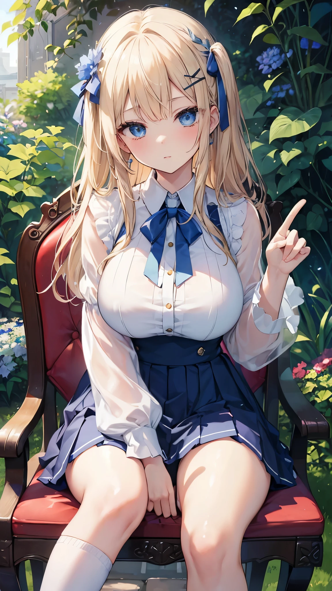 masterpiece、highest quality、Detailed、Female: 1 person、blue eyes、Blonde、Sheer blouse、Unbuttoned blouse、Pleated skirt、Blue hairpin、huge tits、huge 、garden、Peace sign with hand、Sit on a chair with your legs open、Bend your knees and spread your legs、White panties、Knee-high socks、Showing panties