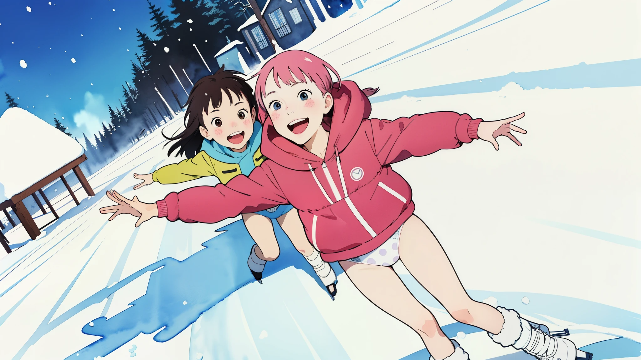 (superflat, flat shading, flat colors), (closeup), mother and daughter, down jacket, (white printed panties for kids), no skirt, long hair, ice skating, smile, laugh, fun, play, winter, snow, bright, wide angle, vibrant colors, watercolor, ghibli style